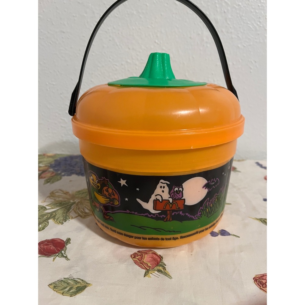 Vintage 1999 McDonalds Halloween Happy Meal Pumpkin Bucket Grimace Birdie 4 lids